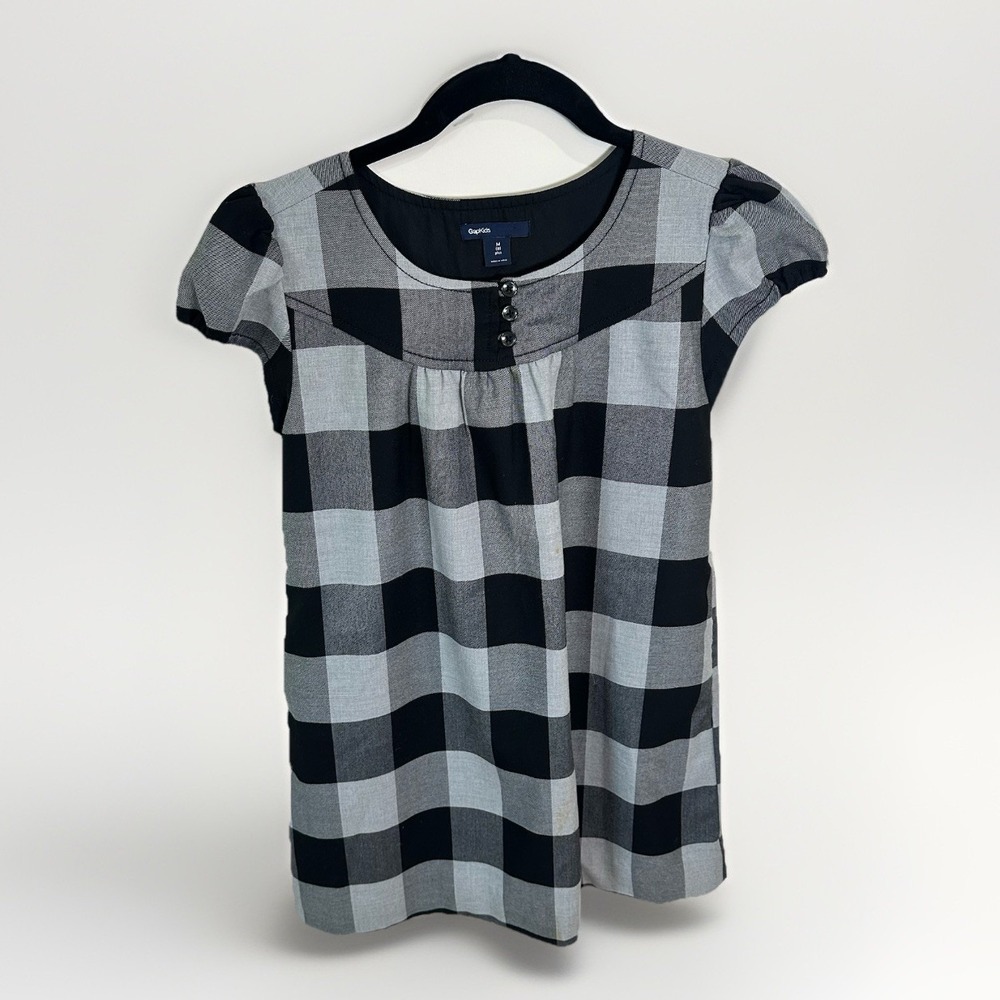 GAP Kids Girls Tunic‎ Dress Size M (8) Black Gray Gingham Cotton Button Accents